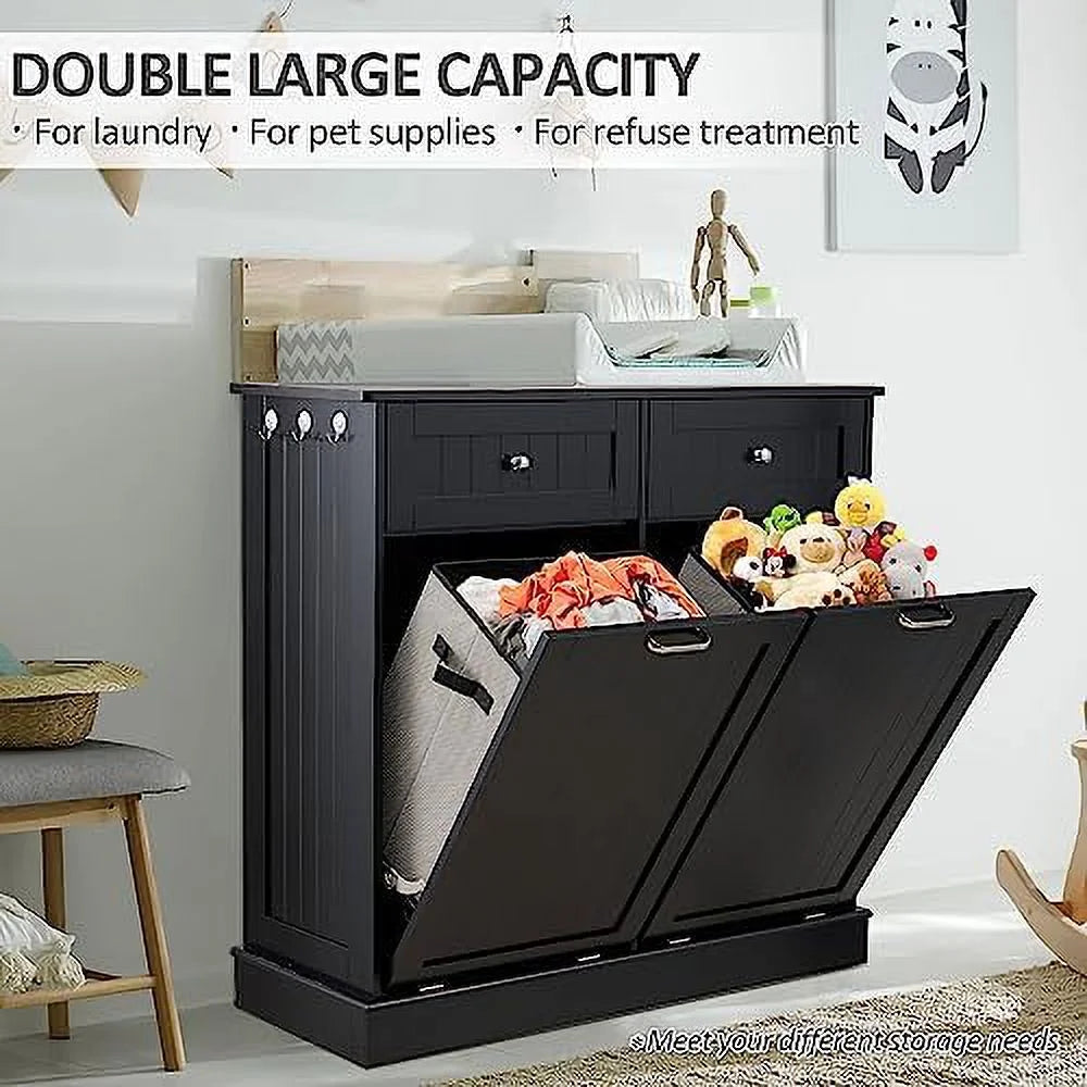 Double Tilt Out Trash Cabinet Laundry Hamper 20 Gallon Black E3550