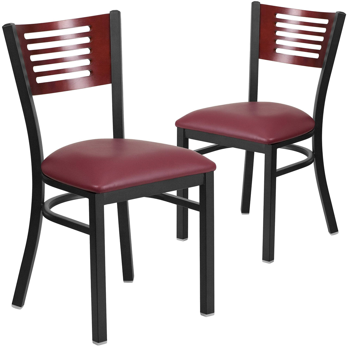Black Slat Back Metal Restaurant Chair with Mahogany Wood Back and Burgundy Vinyl Seat F659401