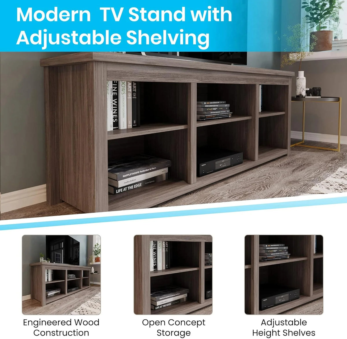 Gray Wash Oak TV Stand with 6 Open Storage Compartments J1831