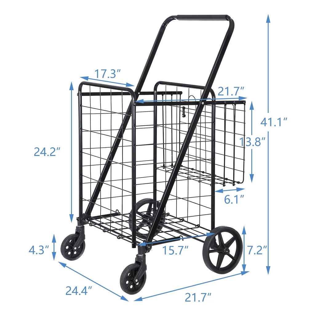Black Folding Utility Shopping Cart with Double Basket and Wheels W35771