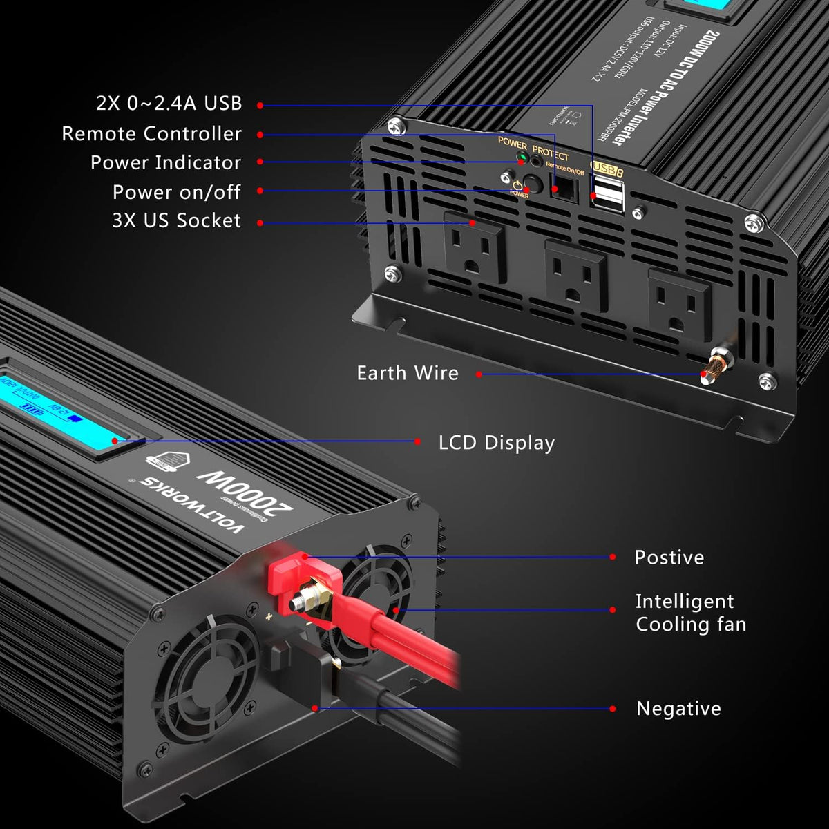 1100 watt DC 12V to AC 120V Modified Sine Wave Inverter with LCD Display Remote Control 2AC Outlets Dual 2.4A USB Ports X606986
