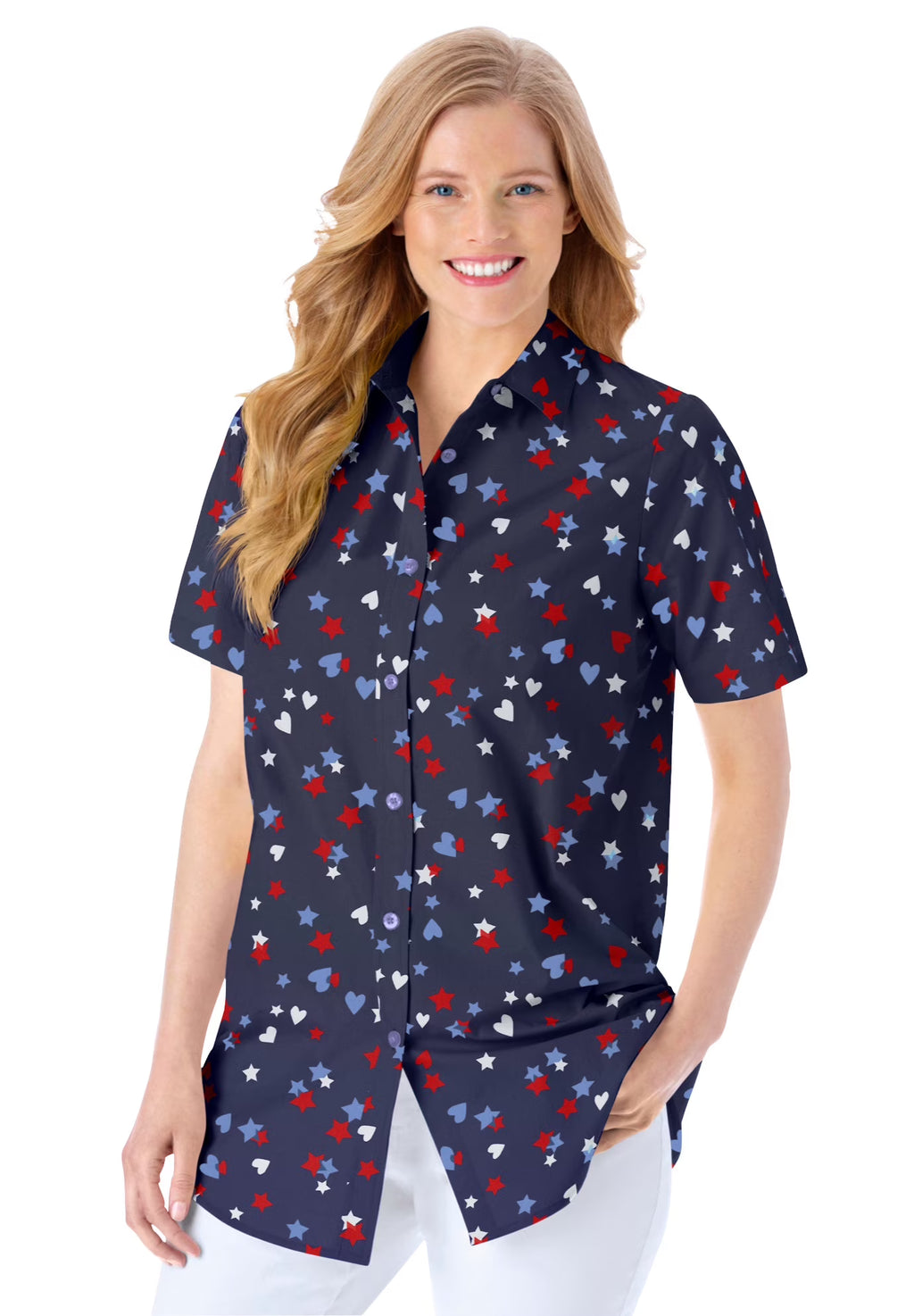 Navy Hearts And Stars Red Oversized Short Sleeve Button-Down Tunic Blouse U14739