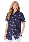 Navy Hearts And Stars Red Oversized Short Sleeve Button-Down Tunic Blouse U14739