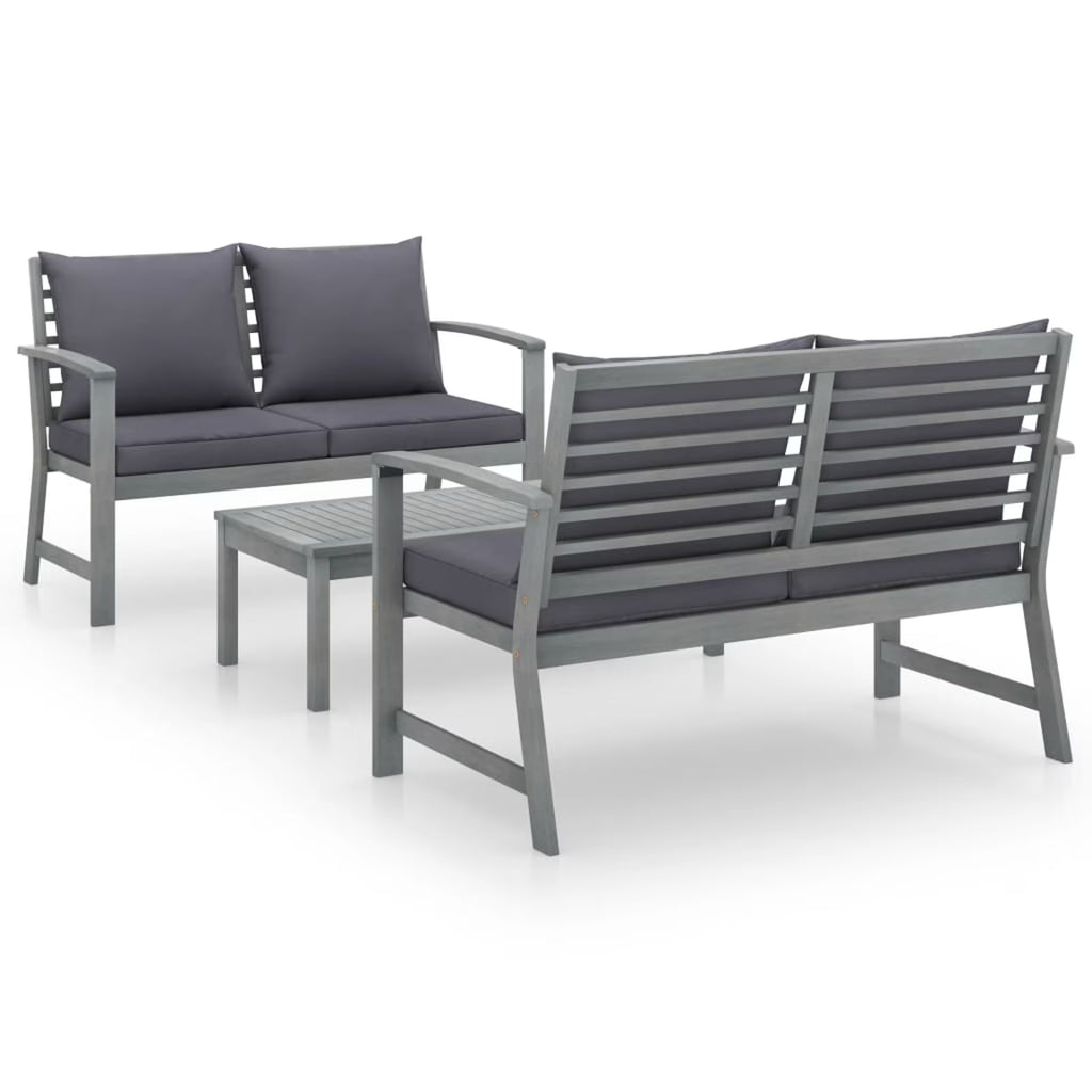 3 Piece Gray Acacia Wood Outdoor Patio Lounge Set with Cushions A9907