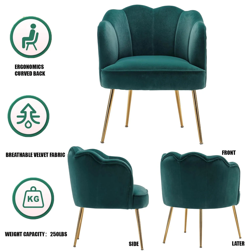 Shell Shaped Velvet Upholstered Accent Chair with Metal Legs D3527