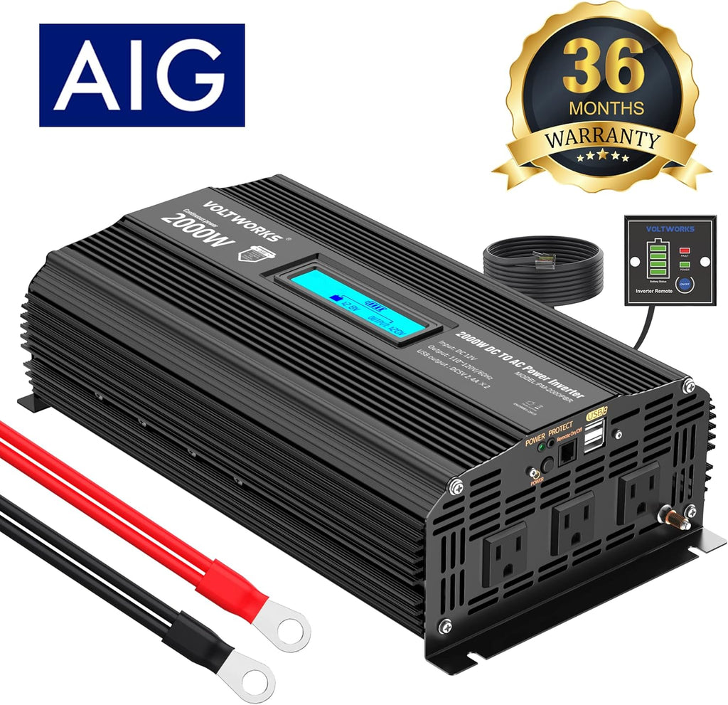 1100 watt DC 12V to AC 120V Modified Sine Wave Inverter with LCD Display Remote Control 2AC Outlets Dual 2.4A USB Ports X606986