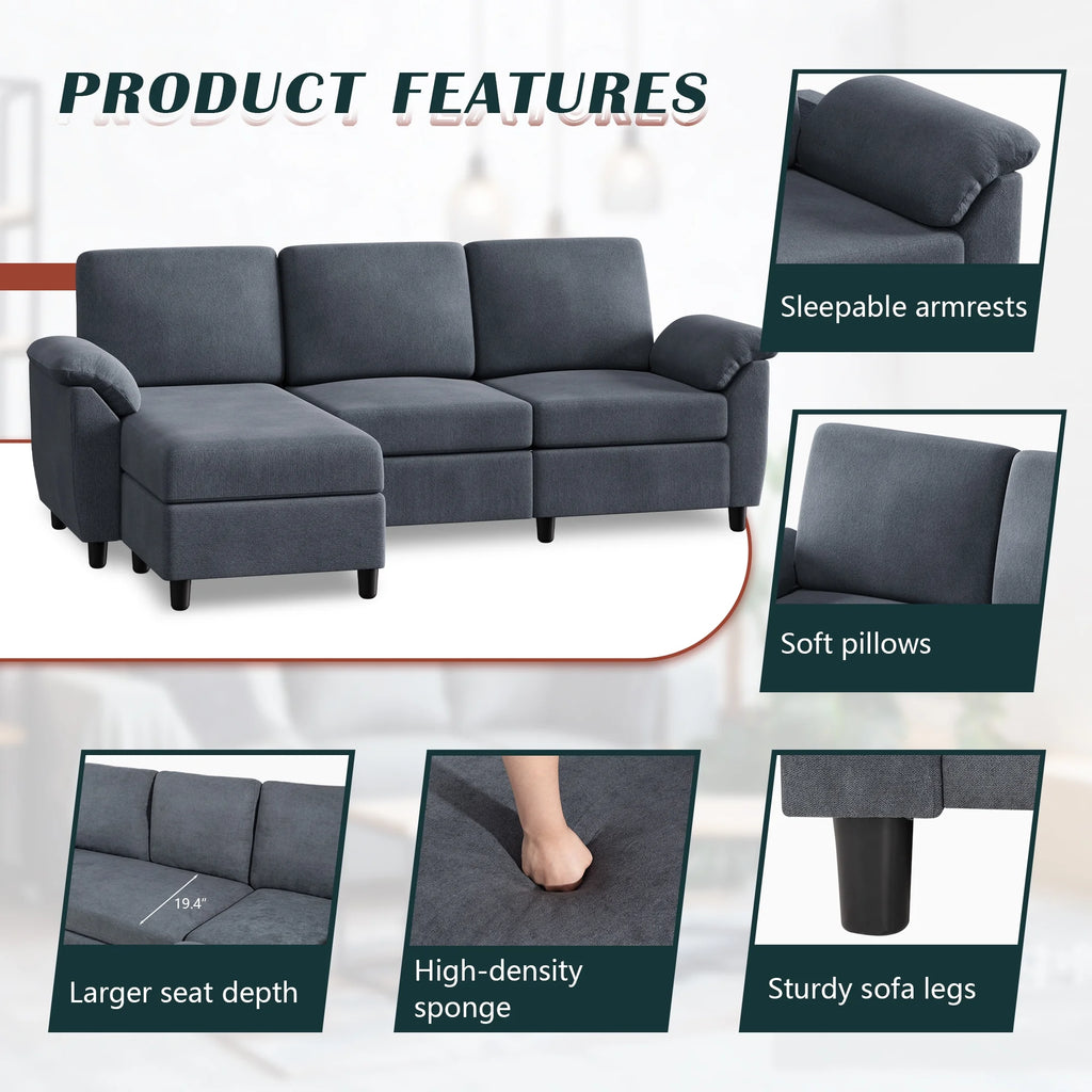 79 Convertible Sectional Sofa Linen Fabric L Shaped Sofa with Removable Pillows Dark Gray R5216