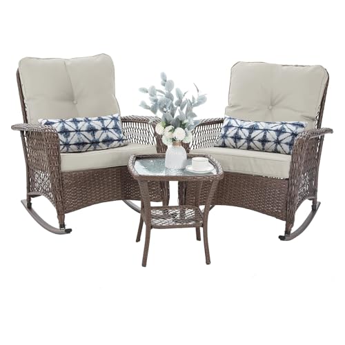 3 Piece Wicker Rocking Patio Furniture Set with Cushions and Coffee Table V17187