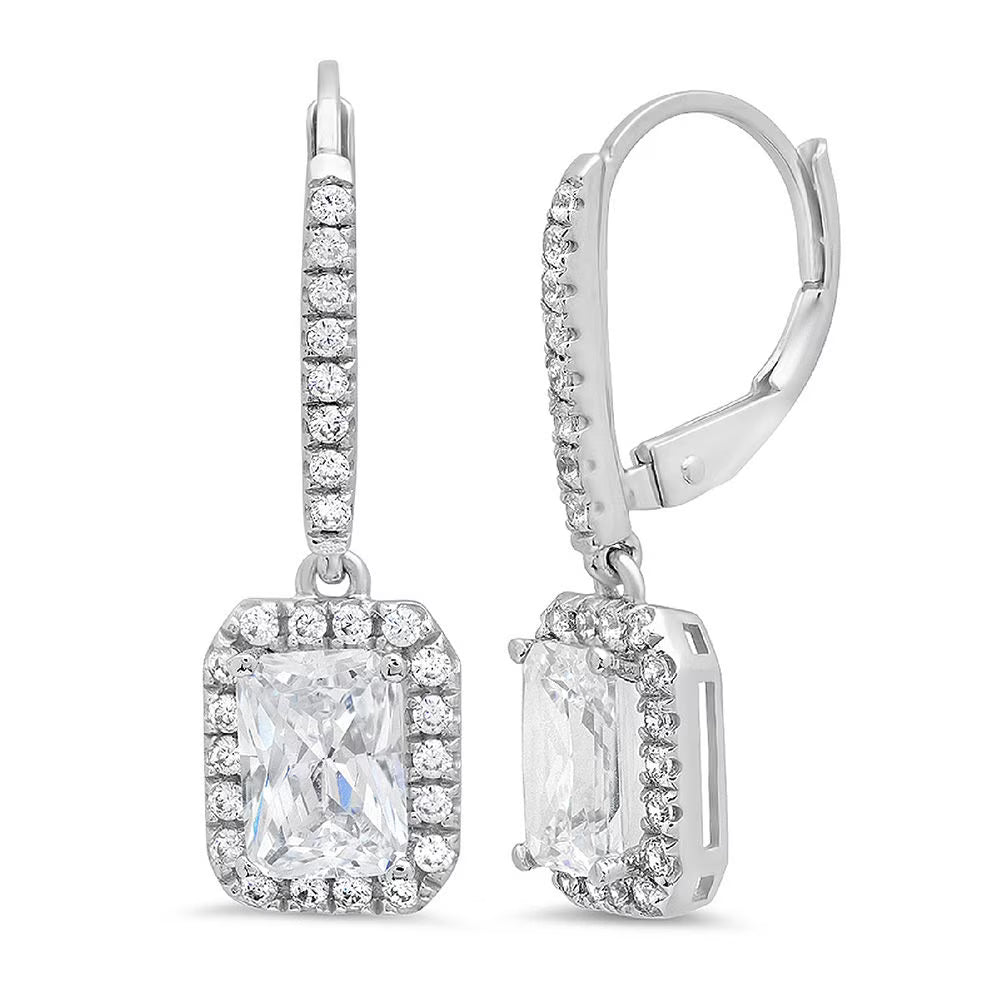 14K White Gold Emerald Cut Halo Drop Dangle Earrings V319