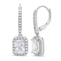14K White Gold Emerald Cut Halo Drop Dangle Earrings V319