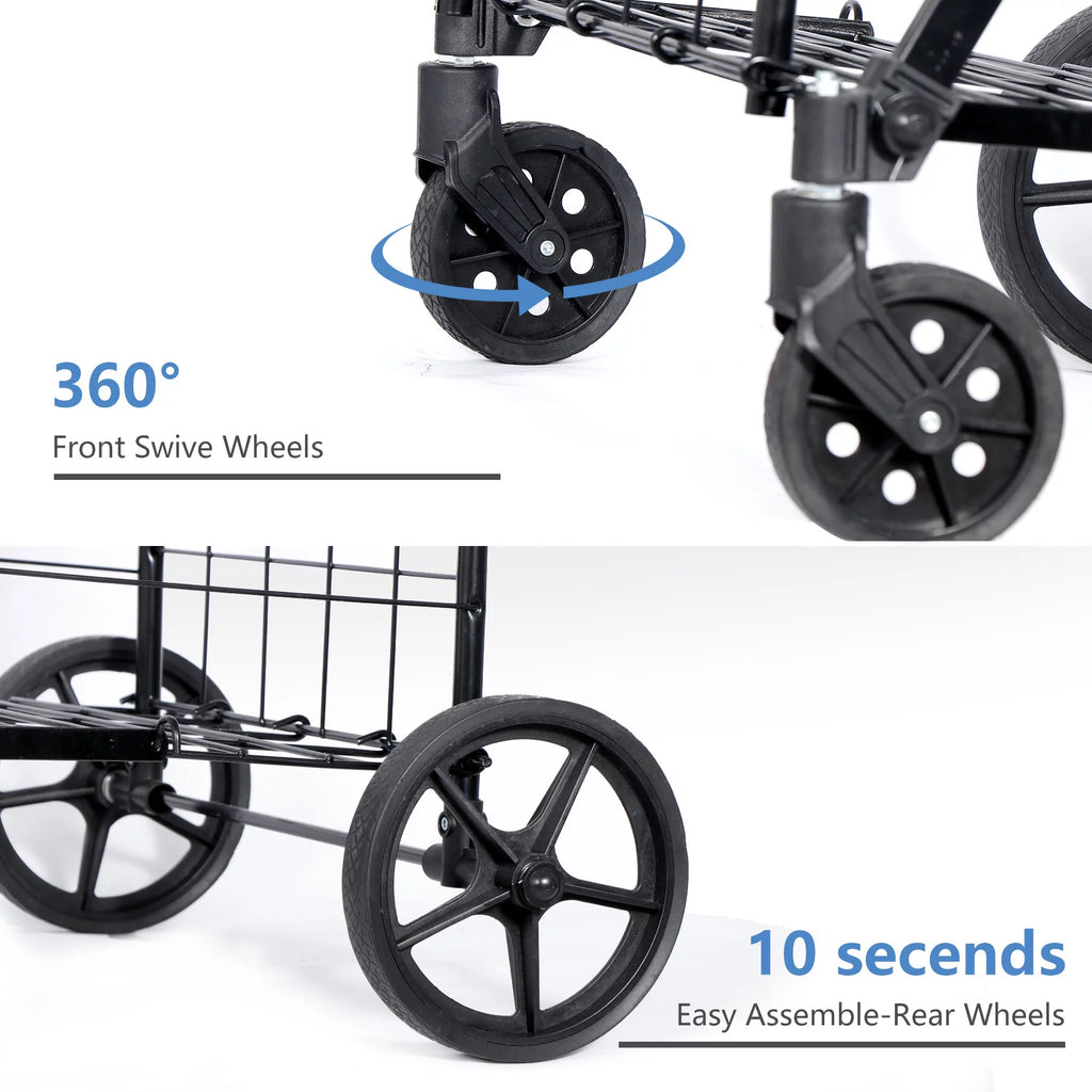 Black Folding Utility Shopping Cart with Double Basket and Wheels W35771