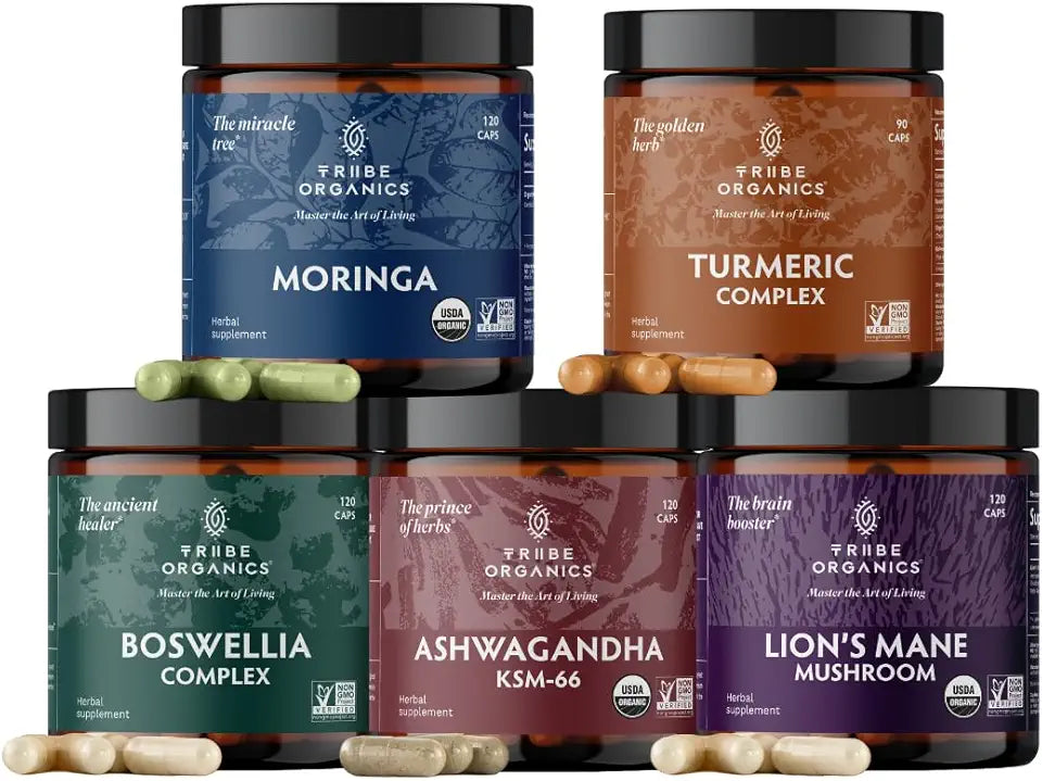 Organic KSM-66 Ashwagandha Boswellia Curcumin Lions Mane Moringa Bundle R4455