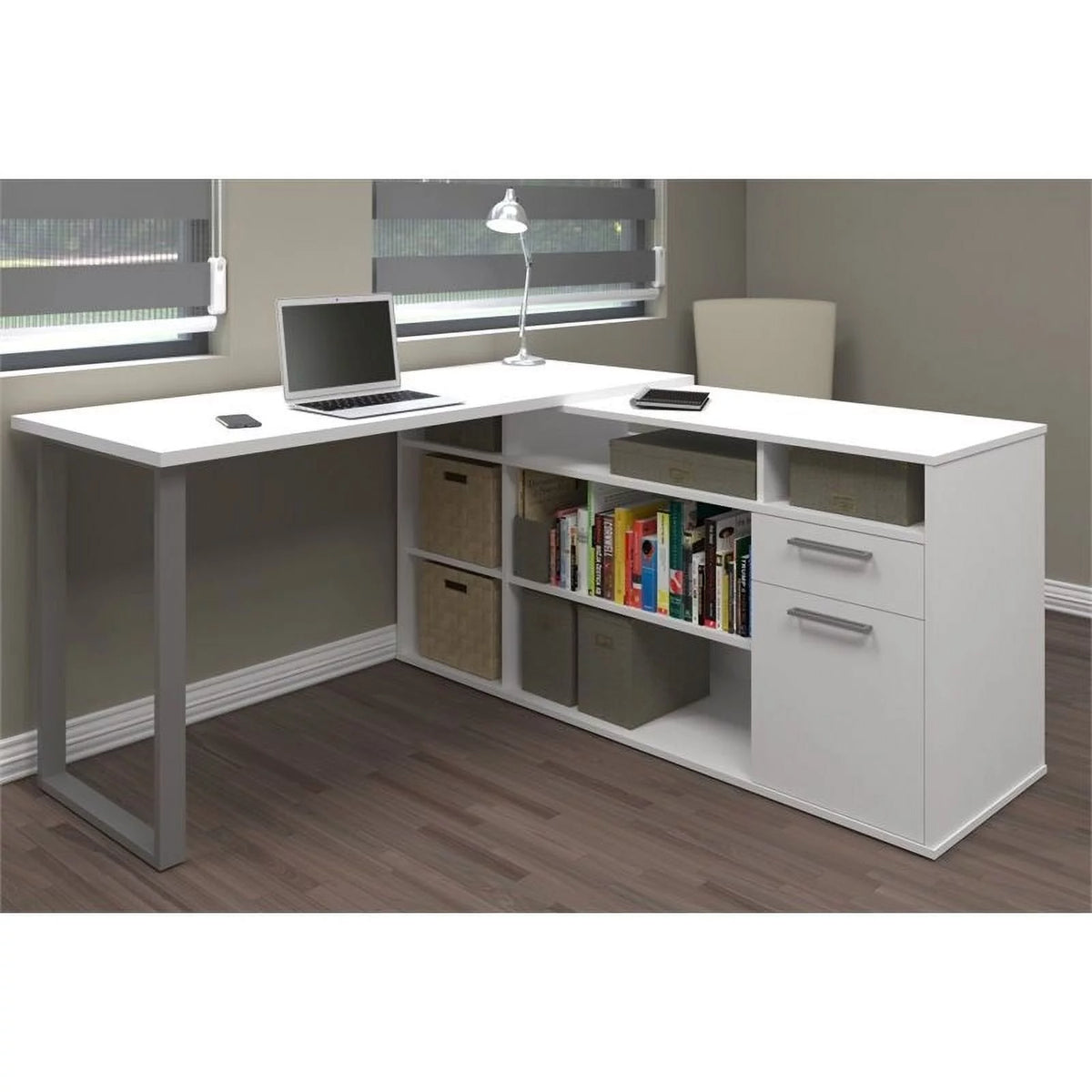 White Wood L-Shaped Computer Desk with Storage E4896