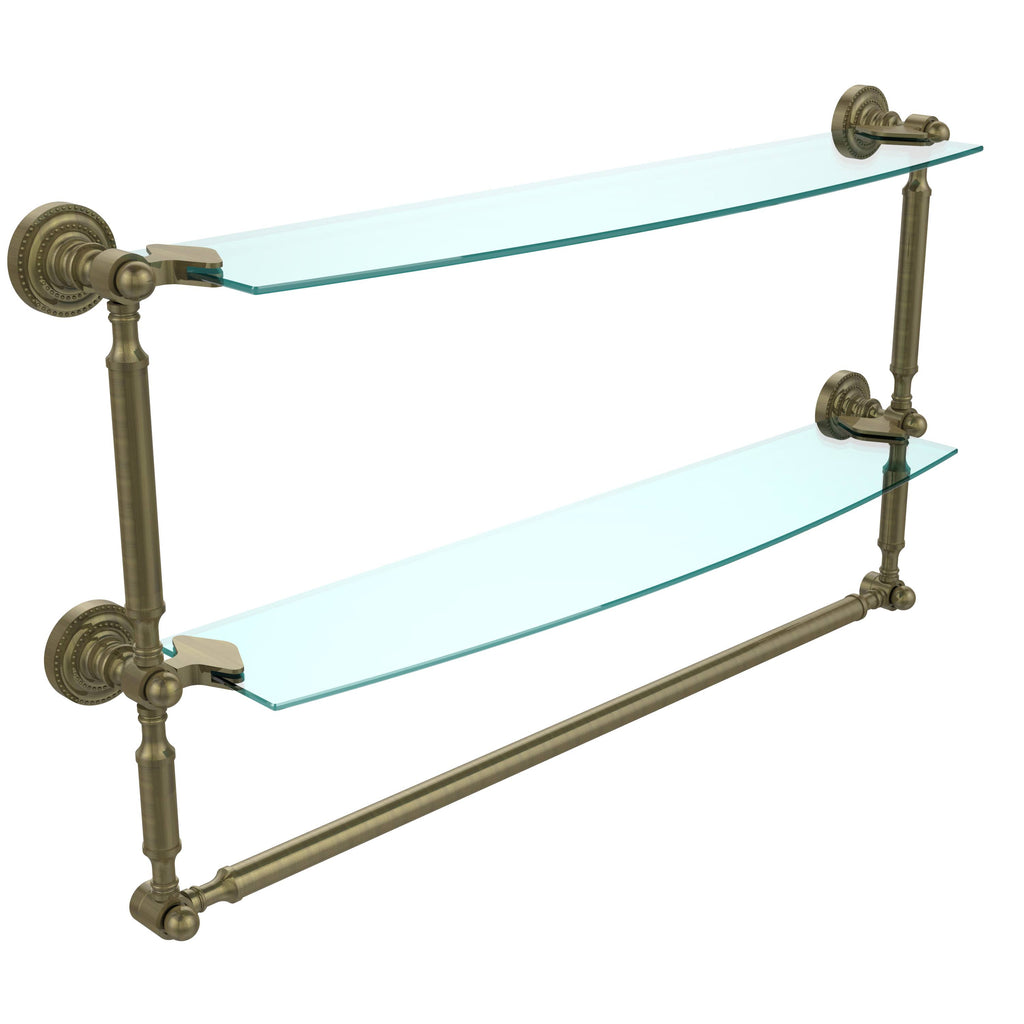 Two Tiered Glass Shelf with Integrated Towel Bar - Antique Brass - 24 inch N8439