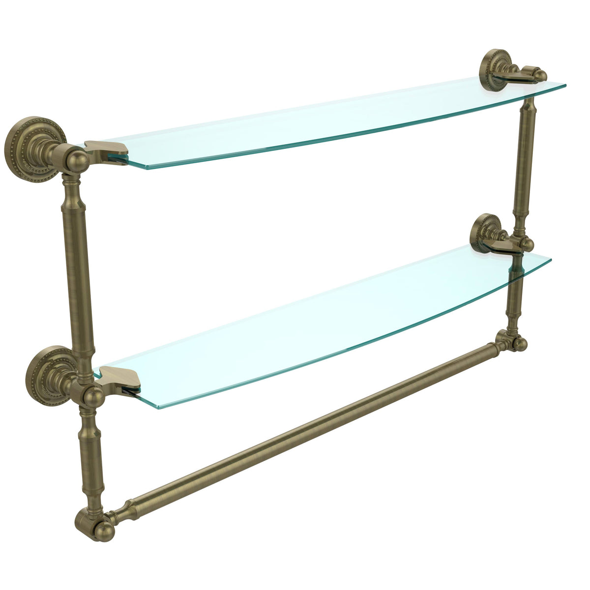 Two Tiered Glass Shelf with Integrated Towel Bar - Antique Brass - 24 inch N8439