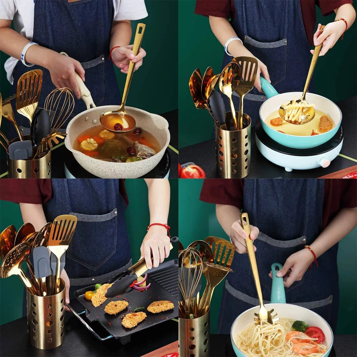 13 Pieces Gold Stainless Steel Cooking Utensils Set with Utensil Holder F500107