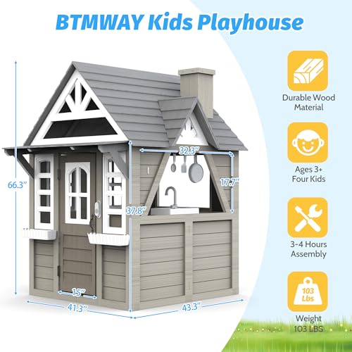 Cedar Gray Wooden Kids Playhouse with Play Kitchen B35598
