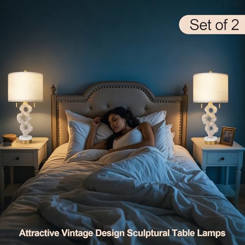 Set of 2 Table Lamp with Marble Base & USB Ports O451090