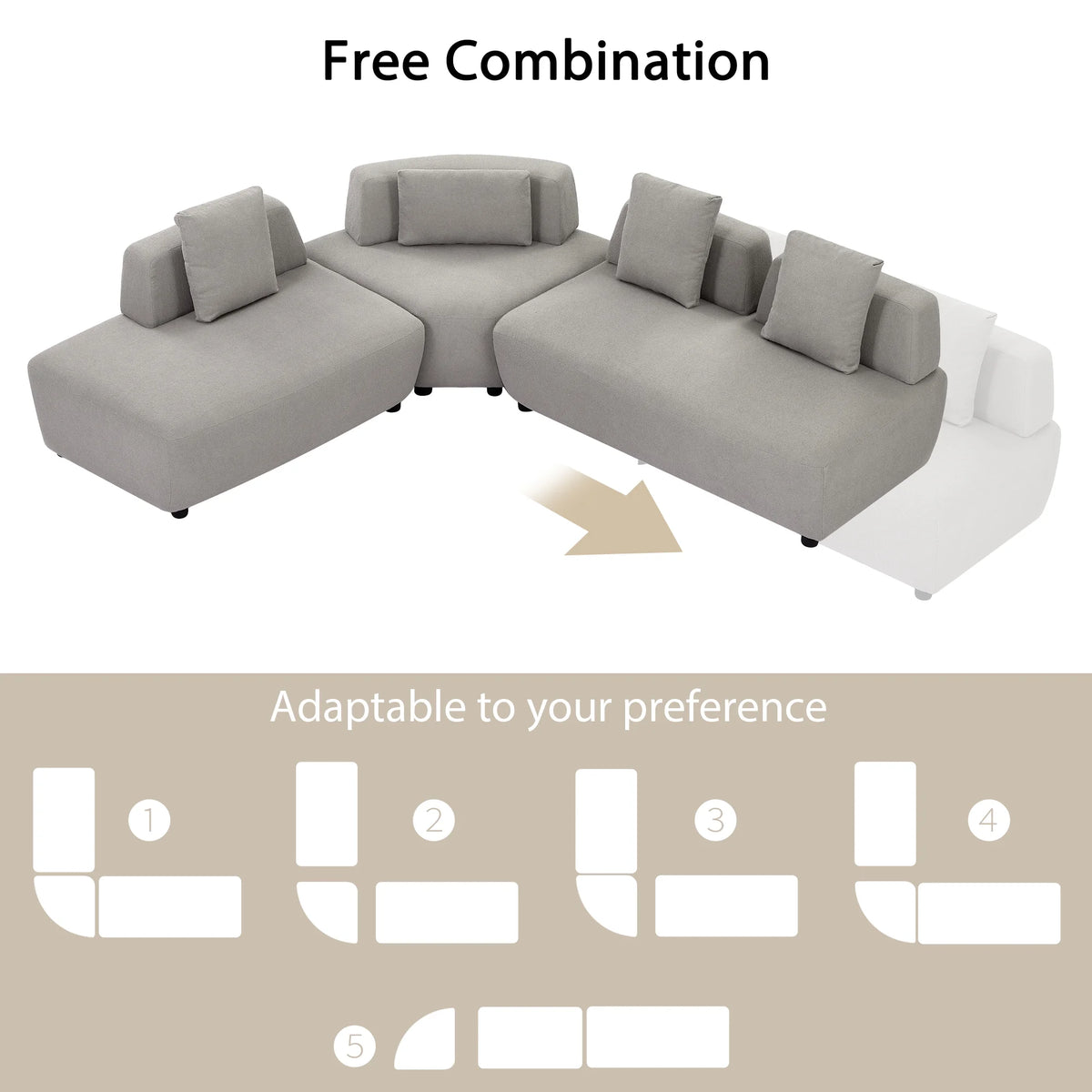92.51" 3-Piece Grey Sectional Sofa with Removable Pillows N1792