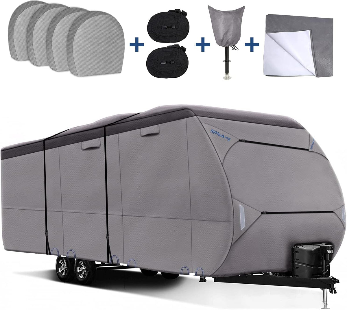 Upgraded Waterproof 500D Travel Trailer Cover with 4 Tire Covers, Tongue Jack Cover S57393