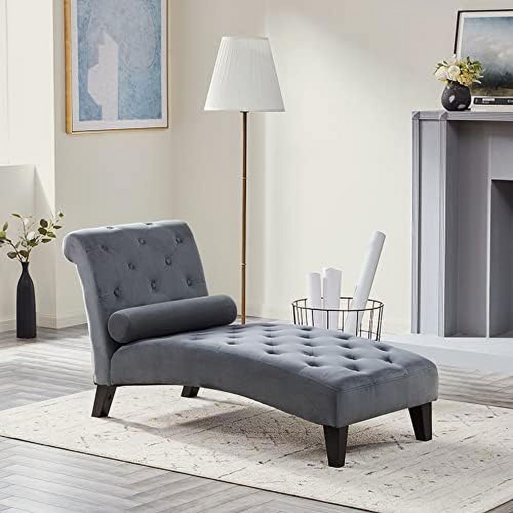 Beige Upholstered Chaise Lounge Sofa with Button Tufted Back and Hardwood Legs A841173