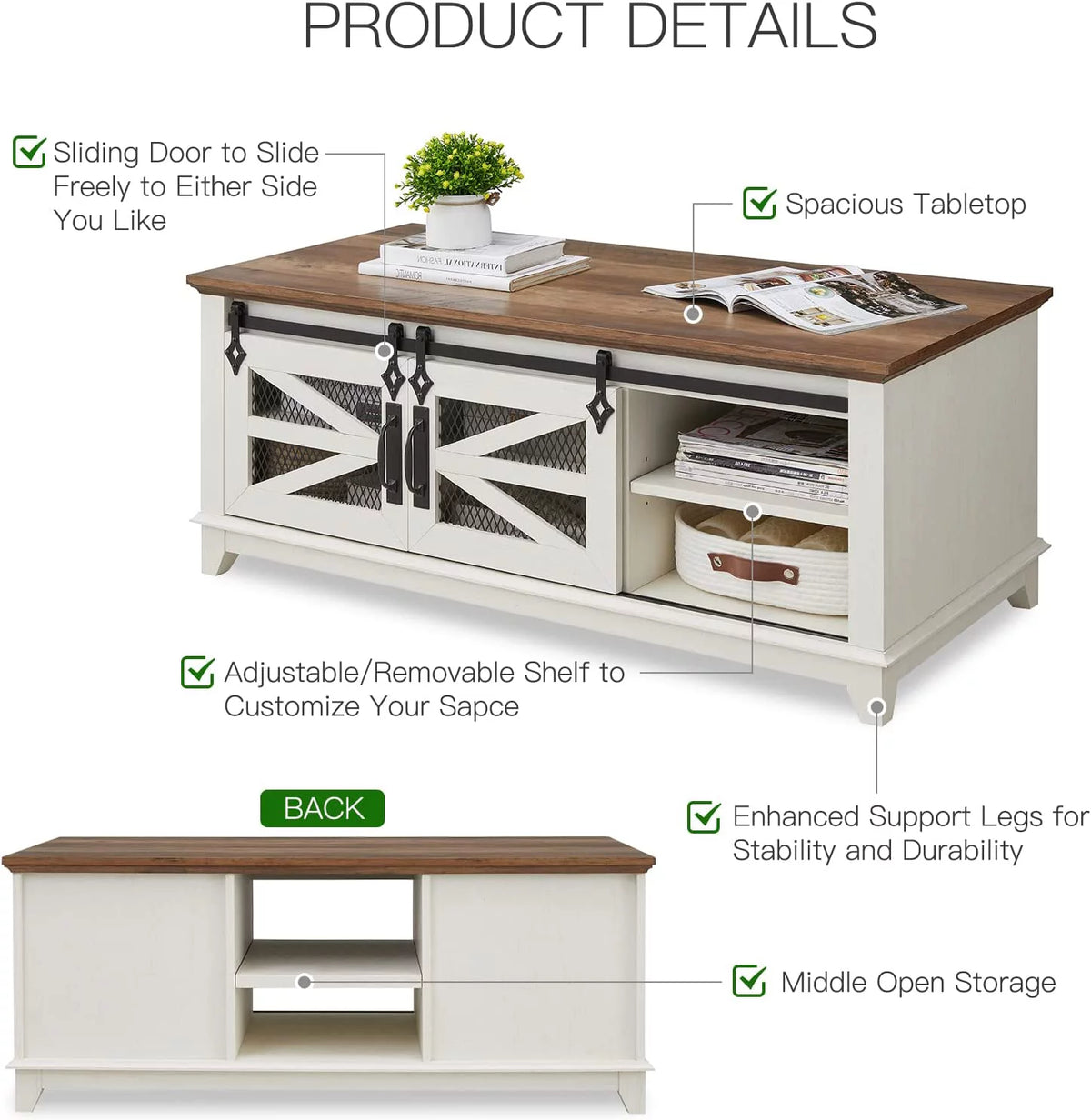 48'' Coffee Table with Storage Sliding Barn Doors G600