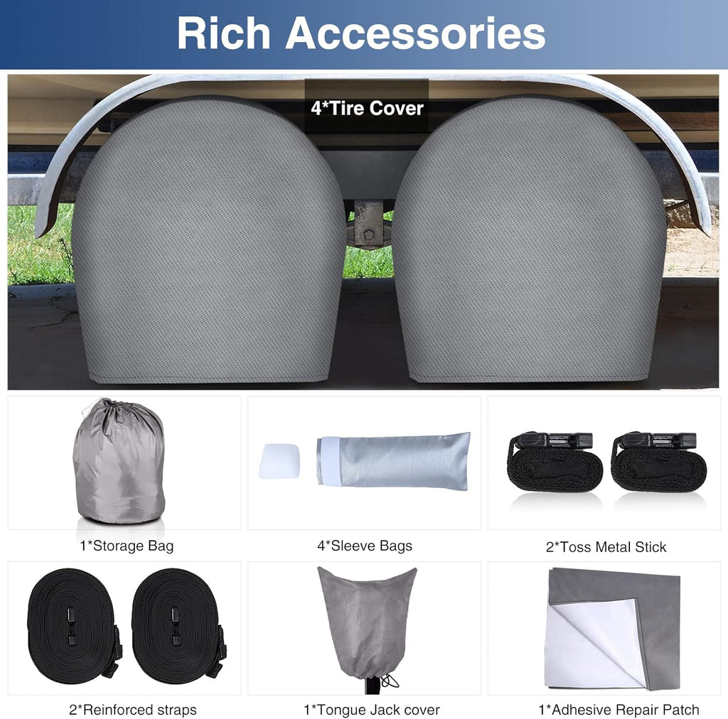 Upgraded Waterproof 500D Travel Trailer Cover with 4 Tire Covers, Tongue Jack Cover S57393