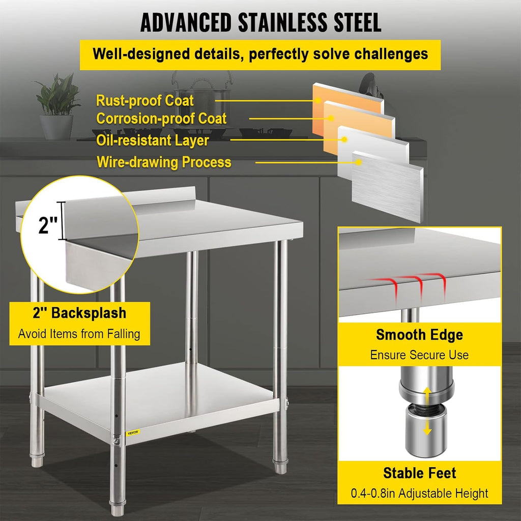 Stainless Steel Prep Table with Backsplash and Adjustable Undershelf C856