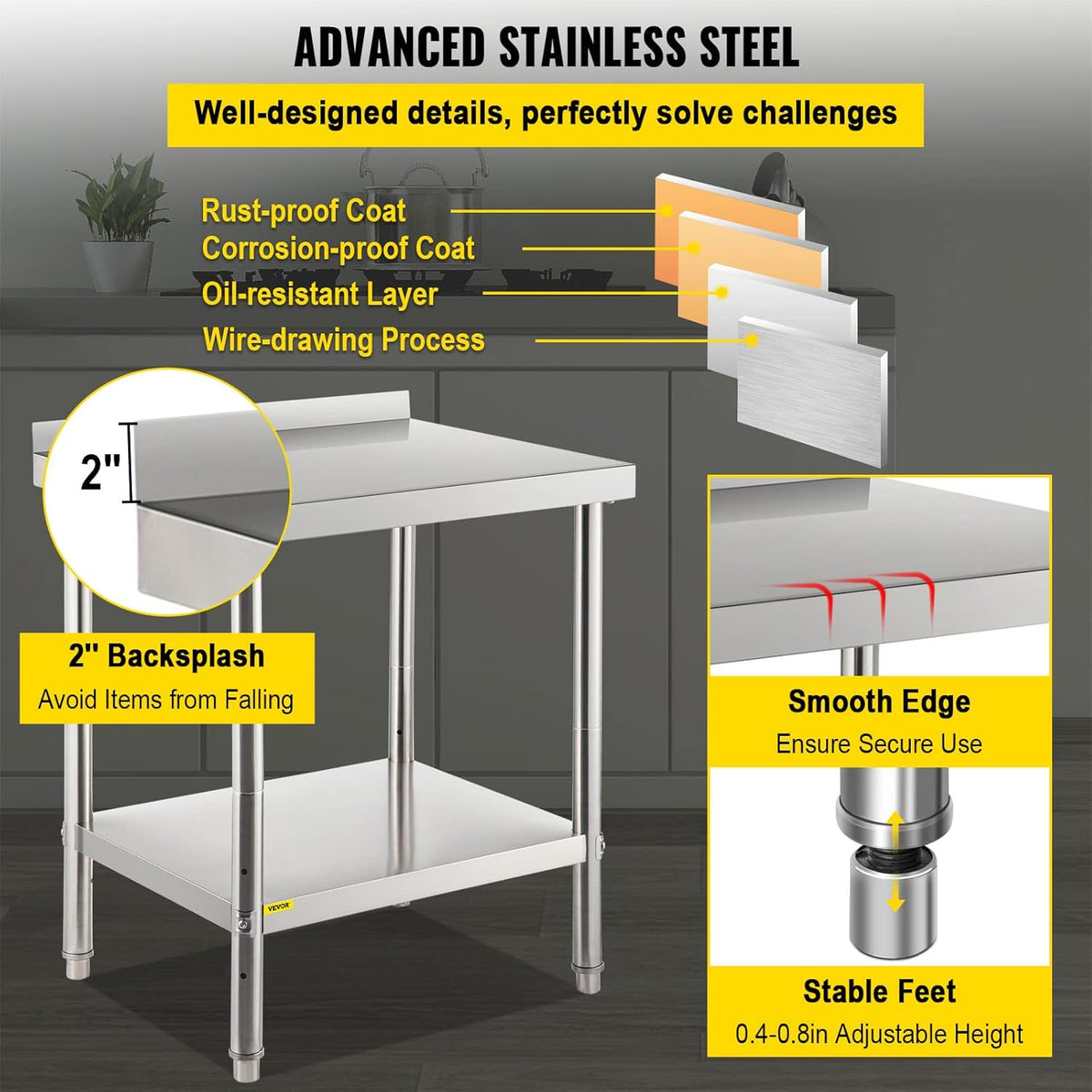 Stainless Steel Prep Table with Backsplash and Adjustable Undershelf C856