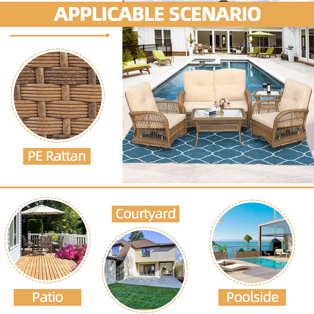 5 Pieces All Weather Wicker Patio Conversation Sofa Set with Glass Coffee Table X68193