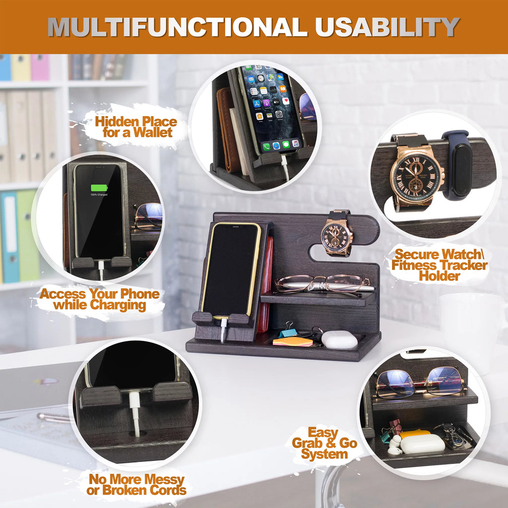 Wood Phone Docking Station Ash Key Holder Wallet Stand Watch Organizer (Black) E13915