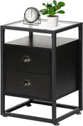 Brown+Black Tempered Glass Nightstand with Drawer and Shelf P432