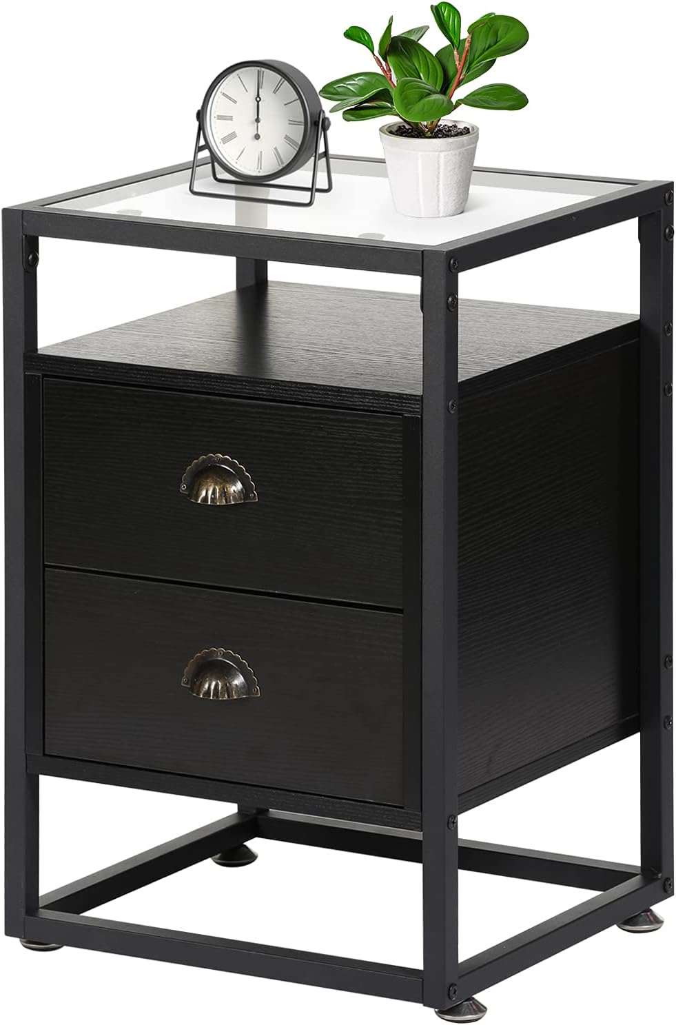 Brown+Black Tempered Glass Nightstand with Drawer and Shelf P432