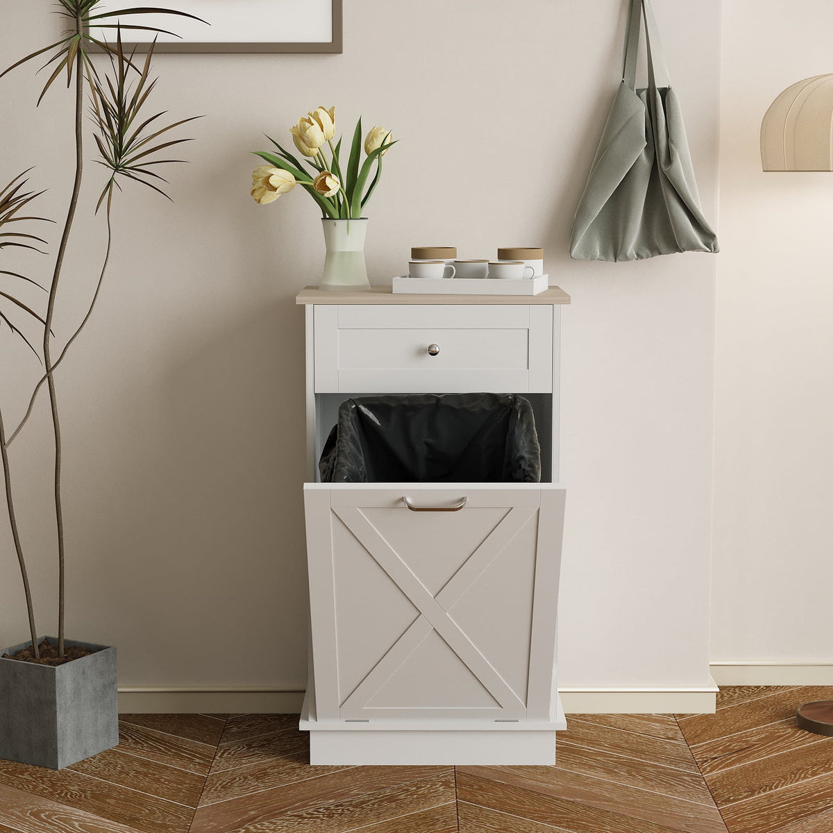 White Tilt Out Trash Can Cabinet N1767