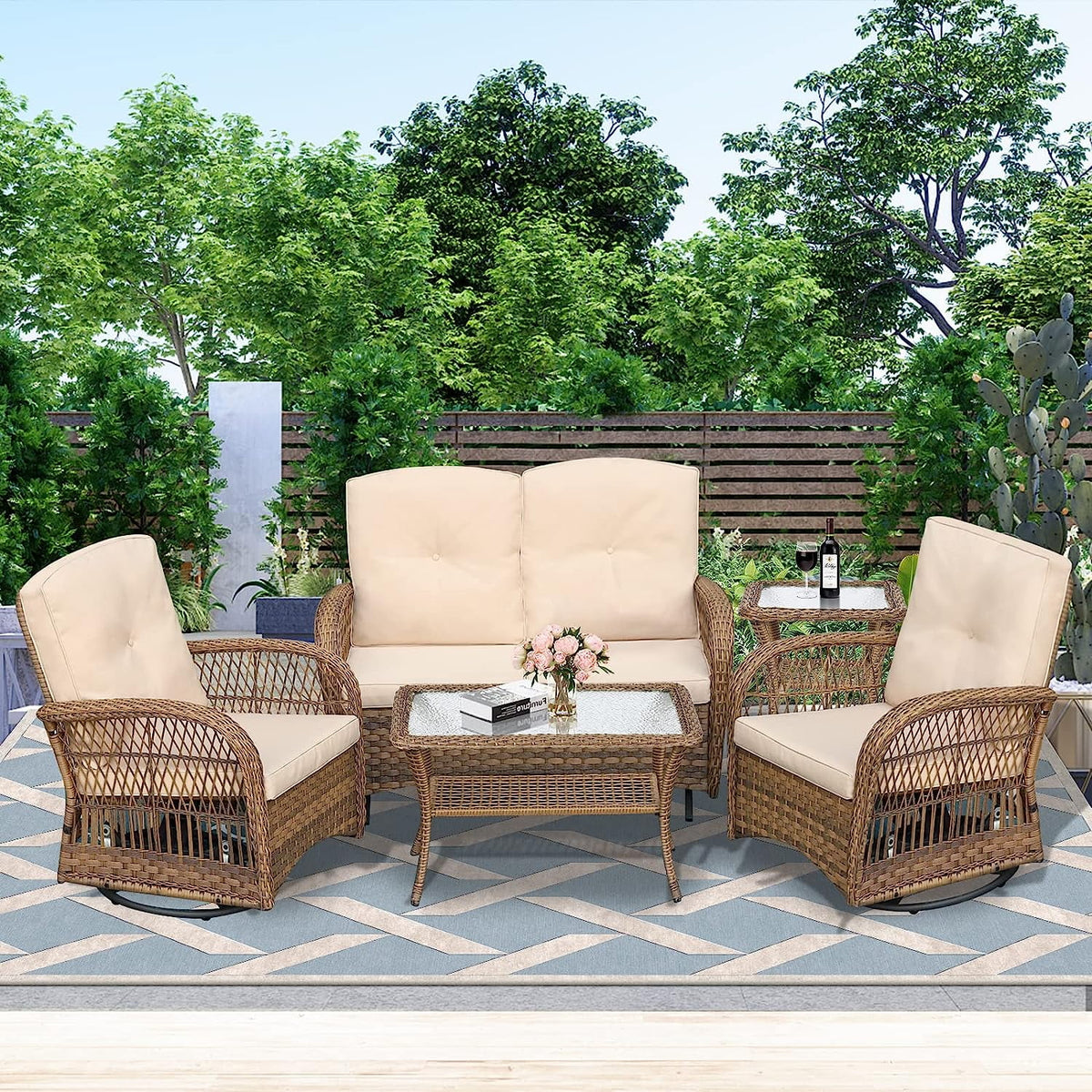 5 Pieces All Weather Wicker Patio Conversation Sofa Set with Glass Coffee Table X68193