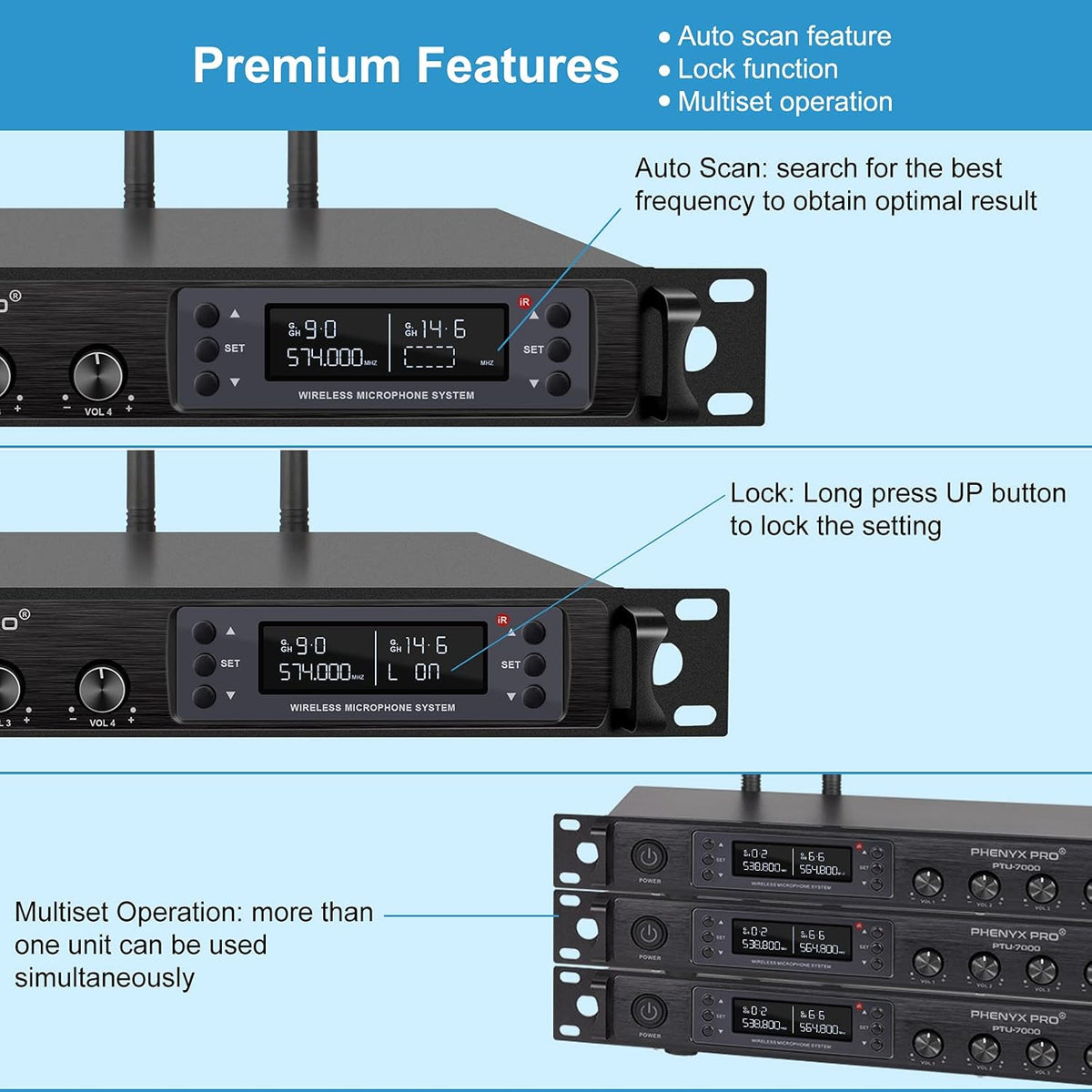 Quad Channel Wireless Microphone System with Four Bodypacks and Headsets/Lapels V362255