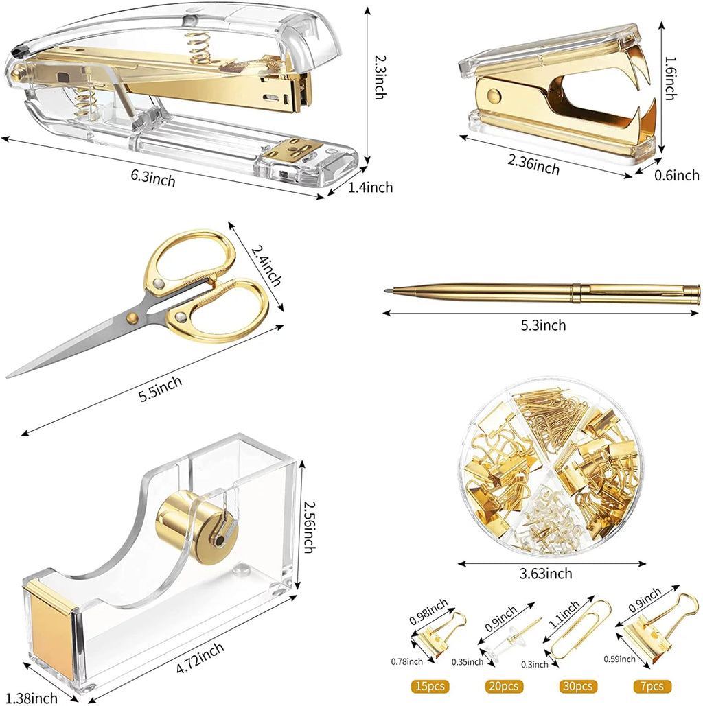 Acrylic Office Supplies Set with Stapler Tape Dispenser Binder Clips Paper Clips Pen Scissors and 1000 Staples I25371