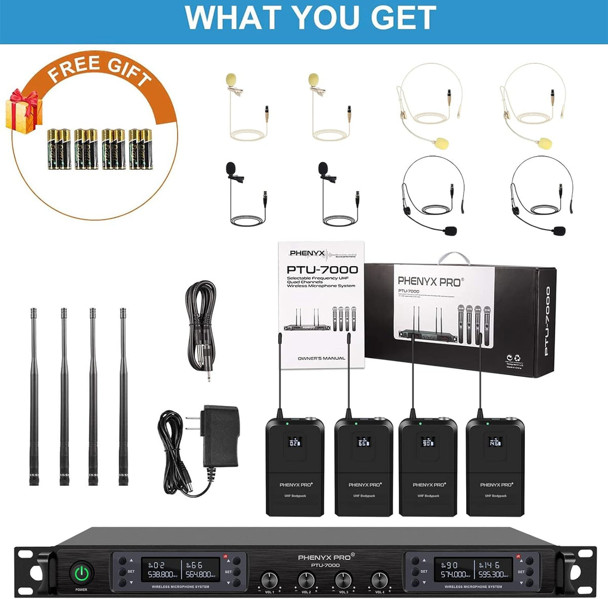 Quad Channel Wireless Microphone System with Four Bodypacks and Headsets/Lapels V362255