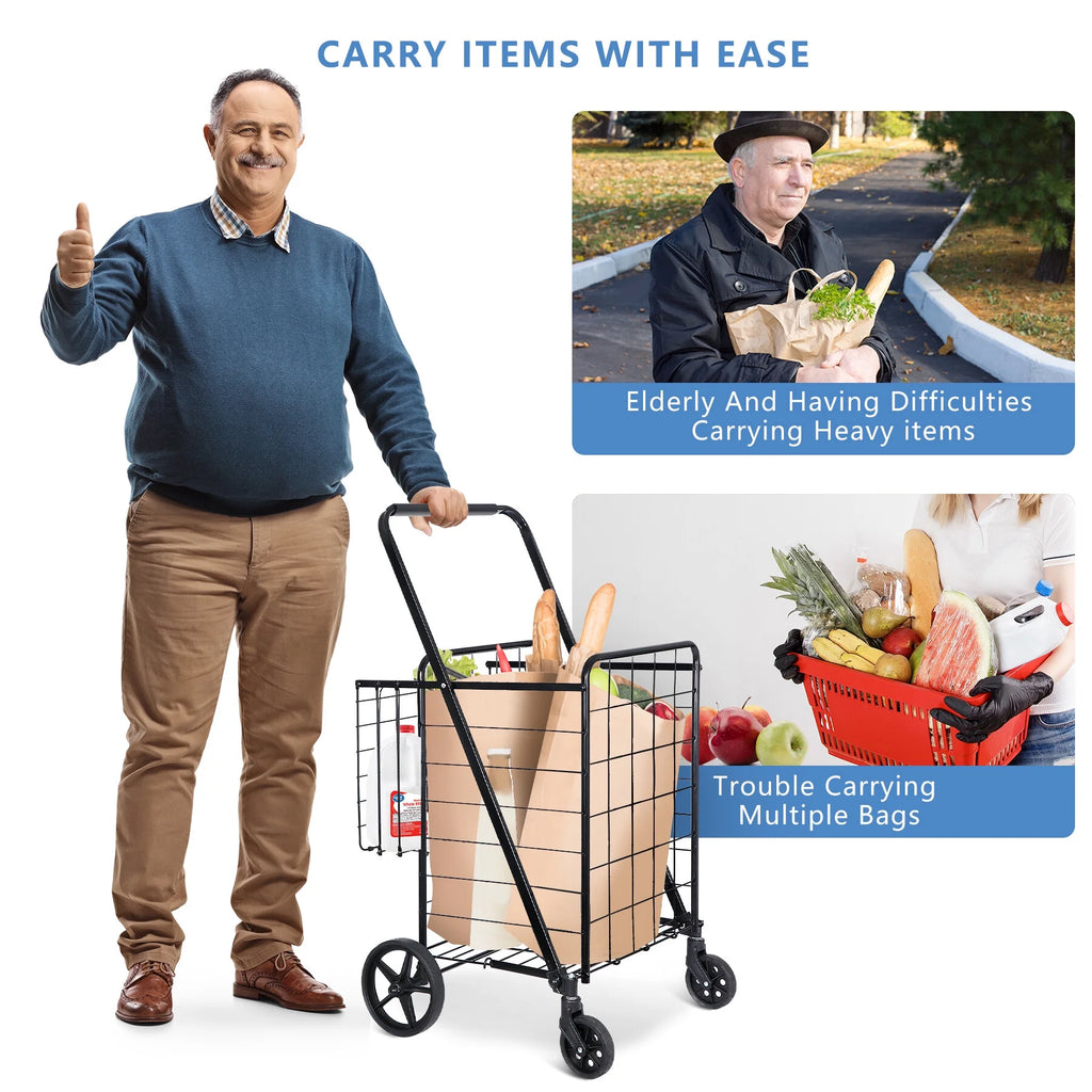 Black Folding Utility Shopping Cart with Double Basket and Wheels W35771
