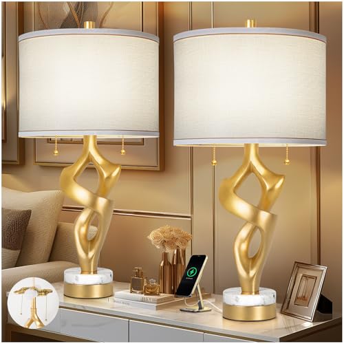 Set of 2 Table Lamp with Marble Base & USB Ports O451090