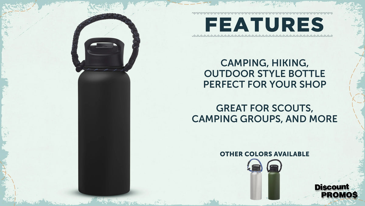 6 Vulcan Stainless Steel Water Bottles with Strap Set, 34 oz. - Double Wall, Vacuum Insulated - Black M763