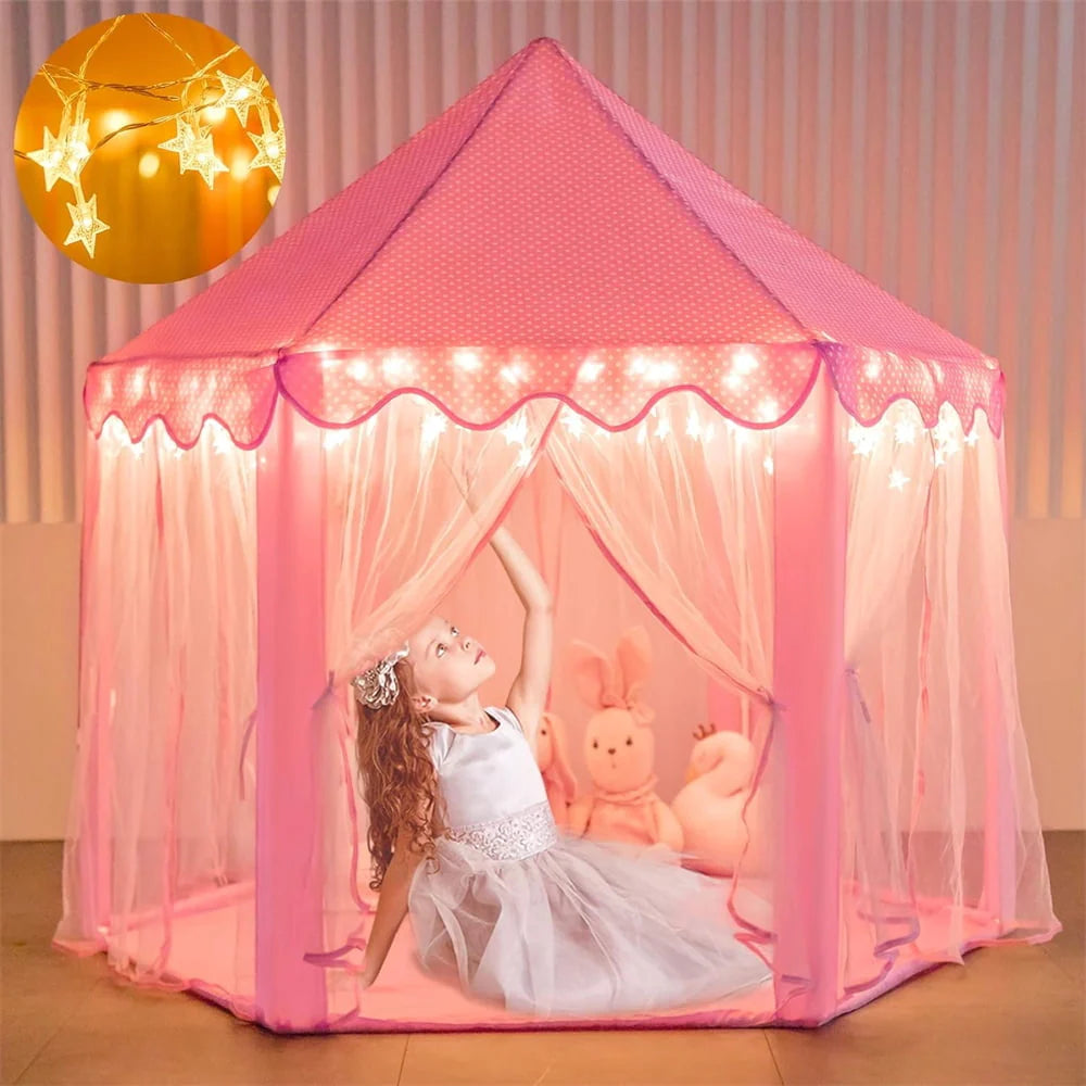Princess Castle Girls Play Tent with Star Lights Pink Y5395