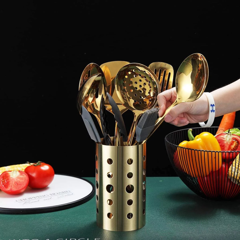 13 Pieces Gold Stainless Steel Cooking Utensils Set with Utensil Holder F500107