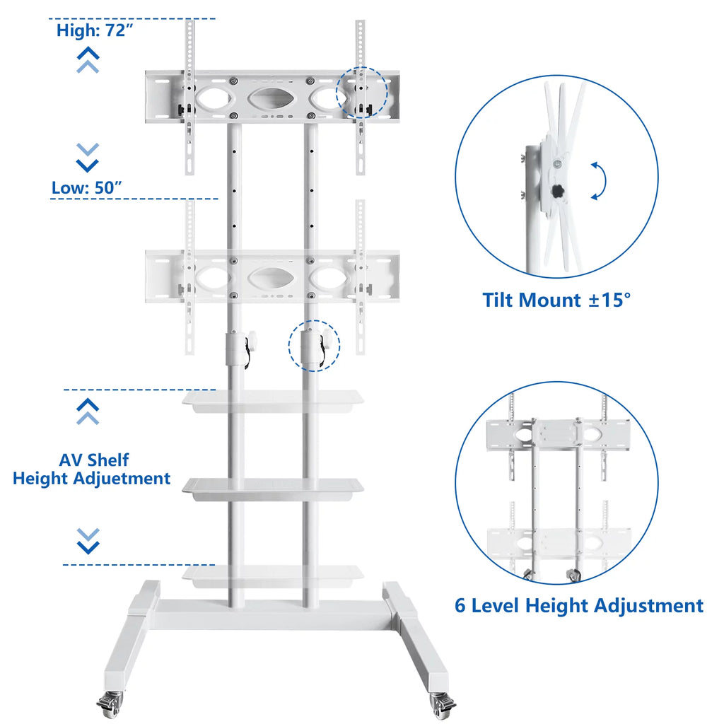 Tall TV Stand with Wheels for 32 to 85 Inch Flat Panel TVs, White Shelf E3305