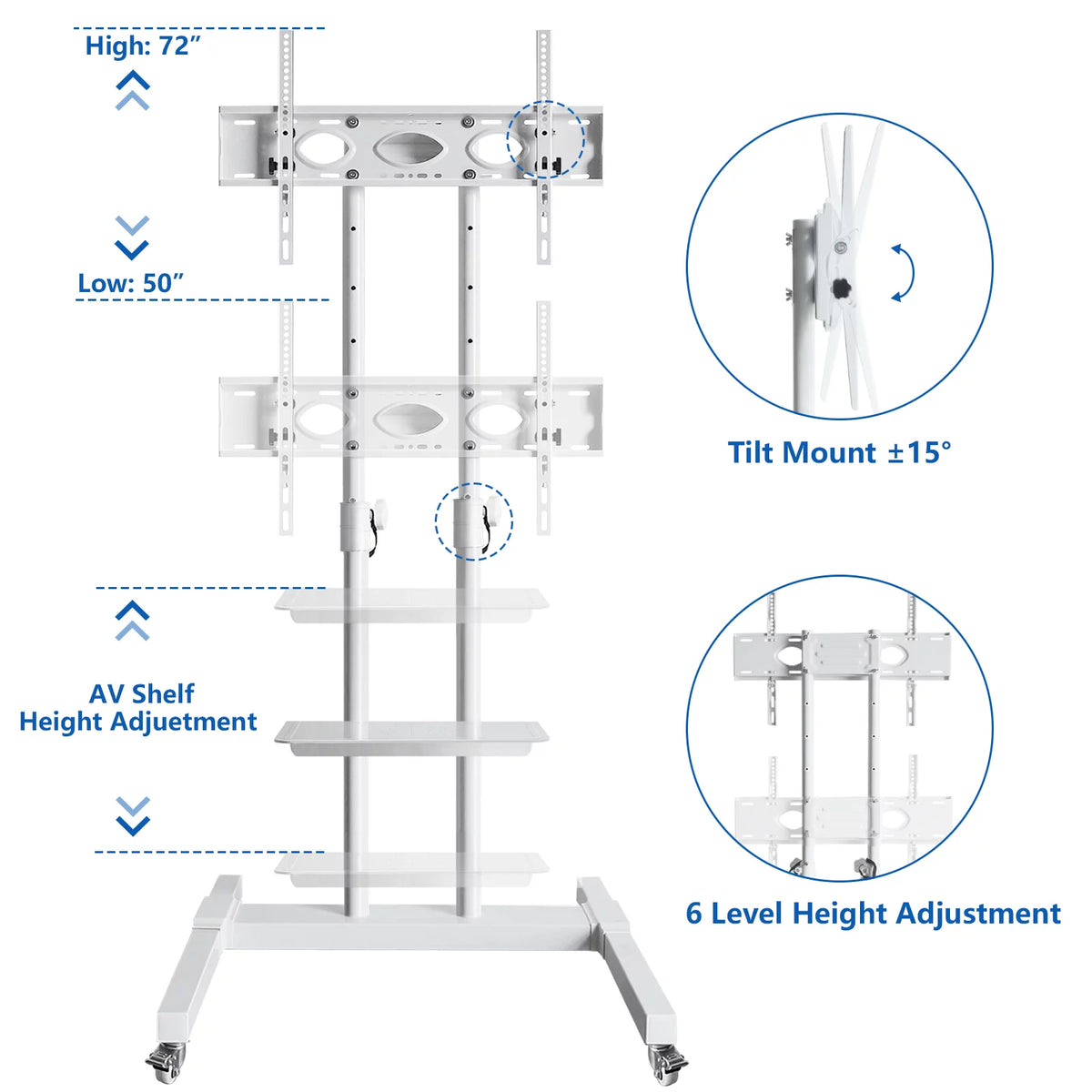 Tall TV Stand with Wheels for 32 to 85 Inch Flat Panel TVs, White Shelf E3305