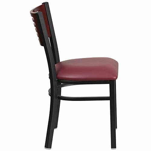 Black Slat Back Metal Restaurant Chair with Mahogany Wood Back and Burgundy Vinyl Seat F659401