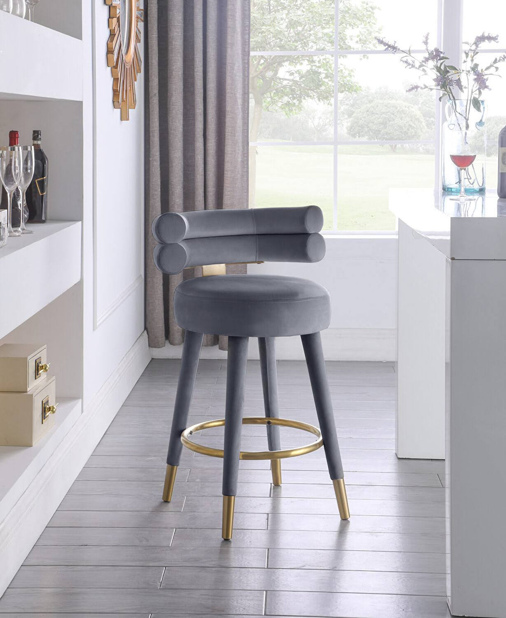Gray Velvet Counter Stool (Set of 2) I39293