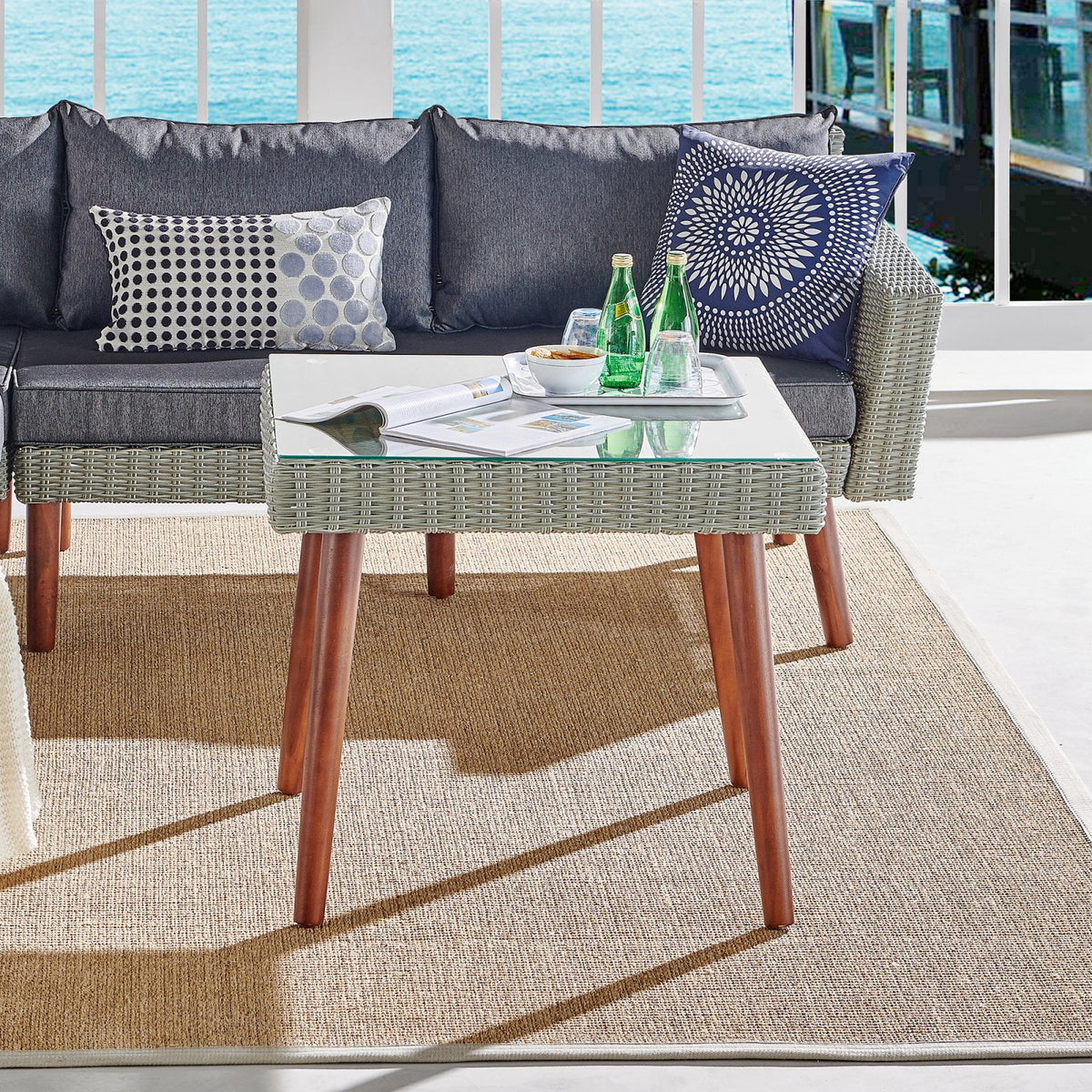 Gray Wicker Square Cocktail Table with Glass Top B5635