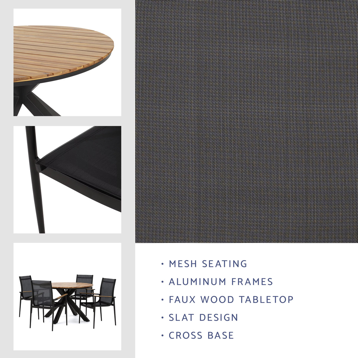Black and Teak 5 Piece Mesh and Acacia Wood Dining Set N35733
