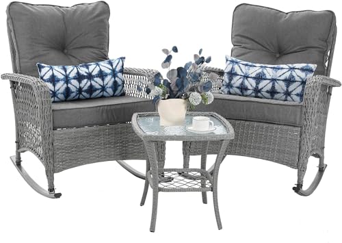 3 Piece Wicker Rocking Patio Furniture Set with Cushions and Coffee Table V17187